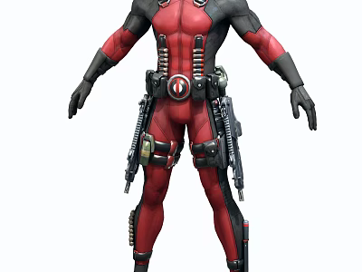 Red And Black Armored Character With Weapons Ammunition Belts Standing Pose 3d model