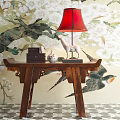 Traditional Console Table With Red Lampshade White Ceramic Horse And Decorative Pieces