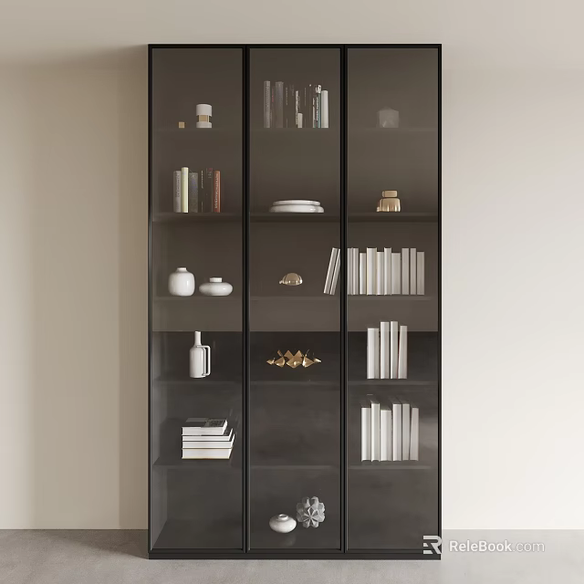 Modern Black Decorative Cabinet With Books Plates Vase And Decorative Items 3d model 