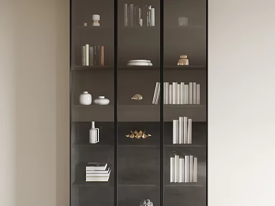 Modern Black Decorative Cabinet With Books Plates Vase And Decorative Items 3d model