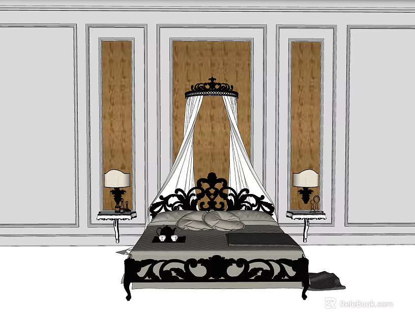 Background Double Bed Featuring Black Carved Frame White Canopy And Wooden Panel Walls 3d model 