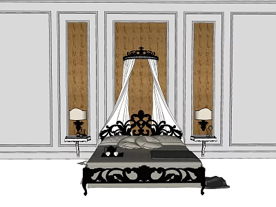 Background Double Bed Featuring Black Carved Frame White Canopy And Wooden Panel Walls 3d model