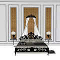 Background Double Bed Featuring Black Carved Frame White Canopy And Wooden Panel Walls