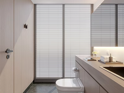 Public Restroom Interior Featuring Wooden Doors Window Blinds Toilet Sink Counter Essentials Striped Floor Tiles 3d model