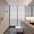 Public Restroom Interior Featuring Wooden Doors Window Blinds Toilet Sink Counter Essentials Striped Floor Tiles