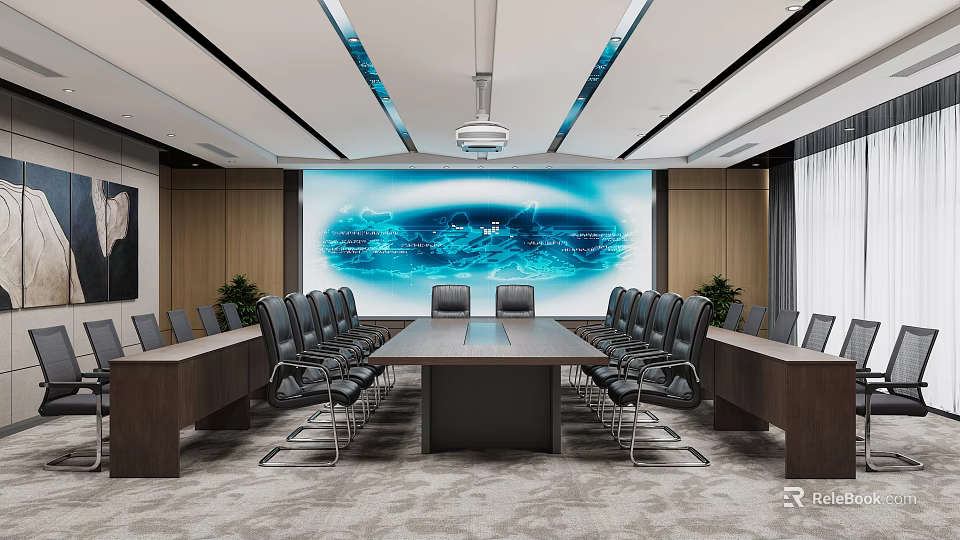 Modern Conference Room Interior With Large Table Black Chairs Wooden Walls Screen Projector And Carpet 3d model 