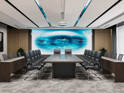 Modern Conference Room Interior With Large Table Black Chairs Wooden Walls Screen Projector And Carpet 3d model