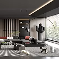 Modern Living Room Interior With Grey Sofa Coffee Table Striped Rug And Decorative Plants