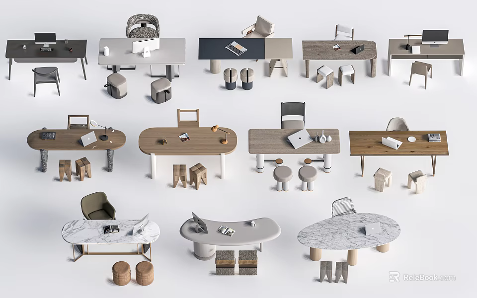 Various Modern Desk Designs Featuring Chairs Stools And Tabletop Accessories 3d model