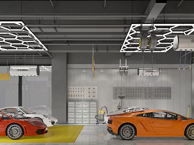 4S Car Dealership Showroom Featuring Colorful Sports Cars Geometric Lights Yellow Floor And Tool Storage 3d model