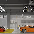 4S Car Dealership Showroom Featuring Colorful Sports Cars Geometric Lights Yellow Floor And Tool Storage
