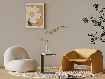 Indoor Cozy Nook with White and Yellow Chairs Floral Art Potted Fern and Woven Rug 3d model