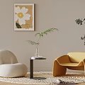 Indoor Cozy Nook with White and Yellow Chairs Floral Art Potted Fern and Woven Rug