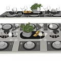 Modern Tableware Set with Plates Cutlery Wine Glasses Green Plant and Pears for Table Setting