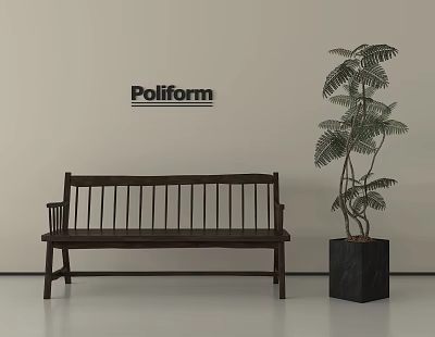 Poliform Public Bench With Wooden Design And Green Plant In Modern Interior 3d model