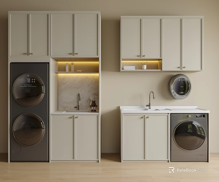 Modern Laundry Interior Design With Storage Cabinets Sink And Washing Machine 3d model 