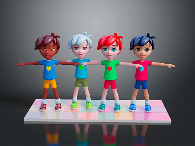 Four Colorful Game and Movie Characters With Different Hair Colors Outstretched Arms and Heart Symbols 3d model