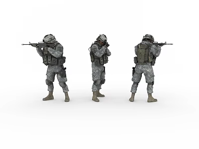 Military Men In Camouflage Uniforms Holding Rifles In Different Combat Poses 3d model