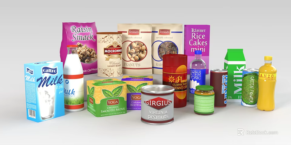 Assorted Food Packages With Raisin Snack Noodles Nuts Rice Cakes Milk And Juice 3d model 