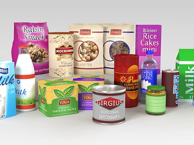 Assorted Food Packages With Raisin Snack Noodles Nuts Rice Cakes Milk And Juice 3d model