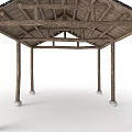Rustic Wooden Pergola with Multiple Columns Sloped Roof Frame and Stone Bases