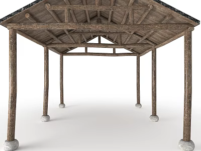 Rustic Wooden Pergola with Multiple Columns Sloped Roof Frame and Stone Bases 3d model