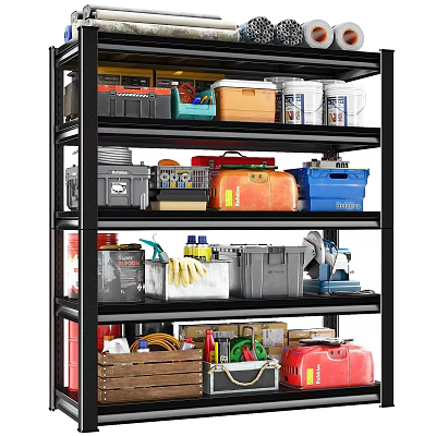 Multi Layer Metal Storage Shelf With Colorful Containers Tools And Supplies 3d model