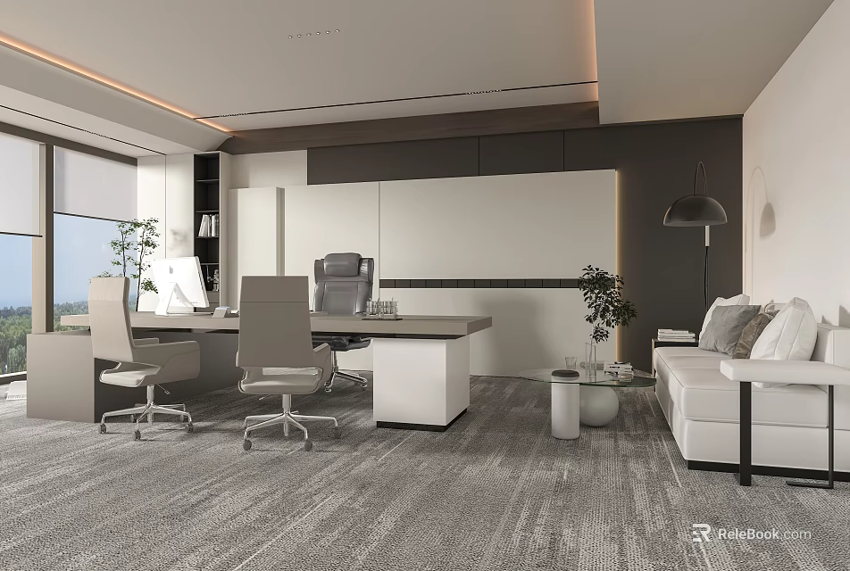 Modern Office Interior Design With Desk Chairs Sofa Plants And Floor to Ceiling Windows 3d model 