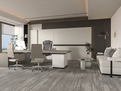Modern Office Interior Design With Desk Chairs Sofa Plants And Floor to Ceiling Windows 3d model