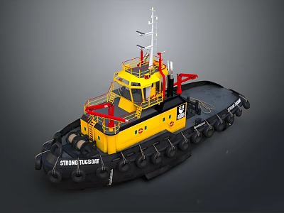 Strong Tiger Tugboat With Yellow Hull Black Components And Deck Equipment 3d model