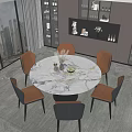 Round Marble Dining Table Set With Six Gray Chairs And City View 3d model