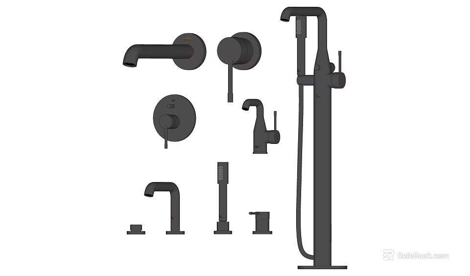 Different Types of Black Faucets with Various Styles and Components for Bathrooms 3d model 