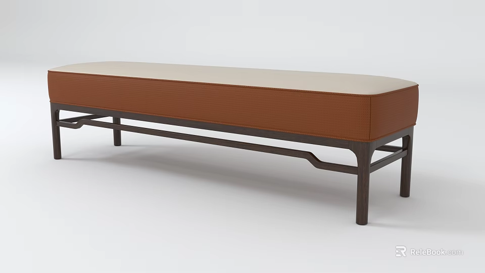 Modern Minimalist Bench With Brown Upholstered Seat And Dark Wooden Frame Design 3d model 