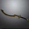 Ornate Golden Scimitar Weapon Featuring Curved Blade And Black Handle Design