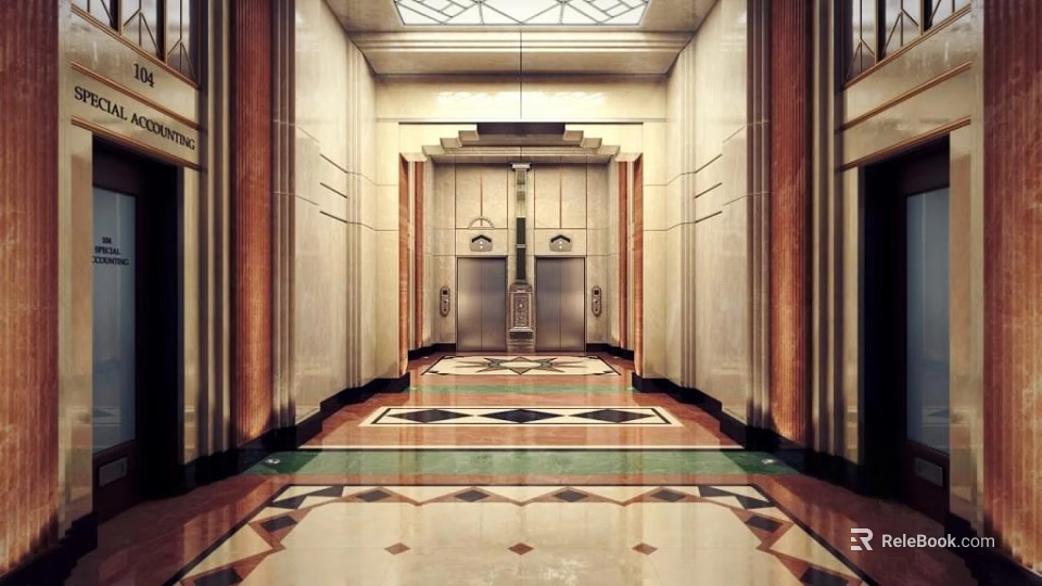 Elevator Lobby Interior With Marble Floor Skylight Ceiling And Decorative Columns 3d model