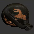 Ancient Black Vase with Intricate Orange Sculpted Mythological Figures and Winged Creatures