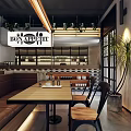 Modern Steak Restaurant Interior With Mezzanine Floor Metal Railings Gray Walls And Lighting