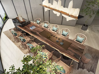 Chinese Style Wooden Tea Table And Chairs With Comfortable Seats And Green Plants 3d model