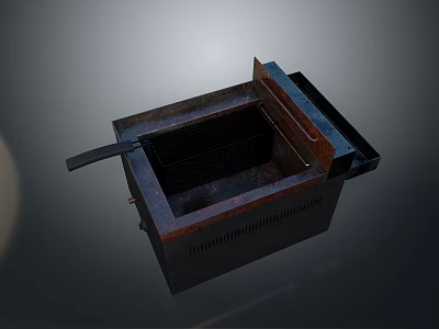 Old Rusty Metal Square Container With Black Handle And Grid Inside Structure 3d model