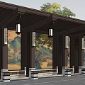 Traditional Chinese Wooden Pergola with Hanging Lanterns and Landscape Paintings