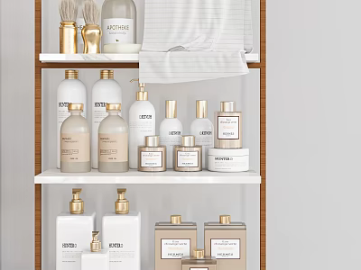 Organized Bathroom Cabinet Rack With Multi tiered Shelves Skincare Bottles Folded Towel And Containers 3d model