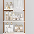 Organized Bathroom Cabinet Rack With Multi tiered Shelves Skincare Bottles Folded Towel And Containers