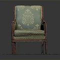 Elegant Green Armchair with Gold Patterns Red Arms and Legs on Green Rug