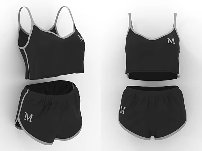Black Sports Crop Top And Shorts Set With White M Logo And Gray Trim 3d model