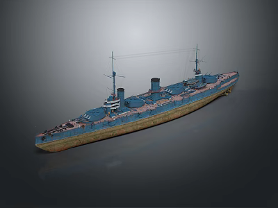 Vintage Warship Model with Blue Hull Brown Deck Masts and Smokestacks 3d model