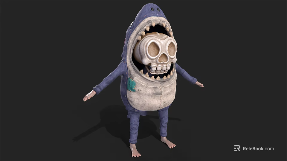 Cartoon Game Skeleton Character in Blue Shark Costume with Open Mouth and Green Stains 3d model 