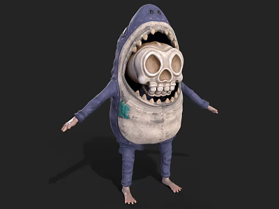 Cartoon Game Skeleton Character in Blue Shark Costume with Open Mouth and Green Stains 3d model