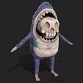 Cartoon Game Skeleton Character in Blue Shark Costume with Open Mouth and Green Stains