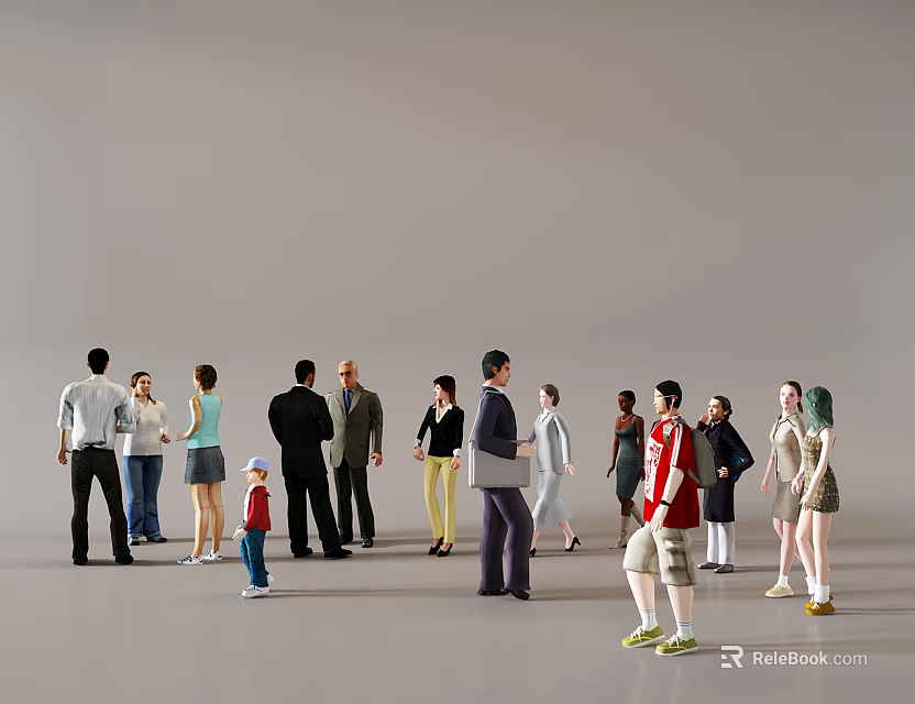 Group of People Standing Together With Different Ages Various Clothing Styles And Gray Background 3d model 