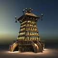 Traditional Tiered Tower With Illuminated Lanterns Multiple Levels And Decorative Top Stairs